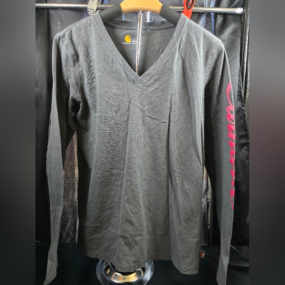 Carhartt Women’s Charcoal V-Neck Long Sleeve Shirt with Arm Logo – Size M (8/10) - Picture 2 of 7